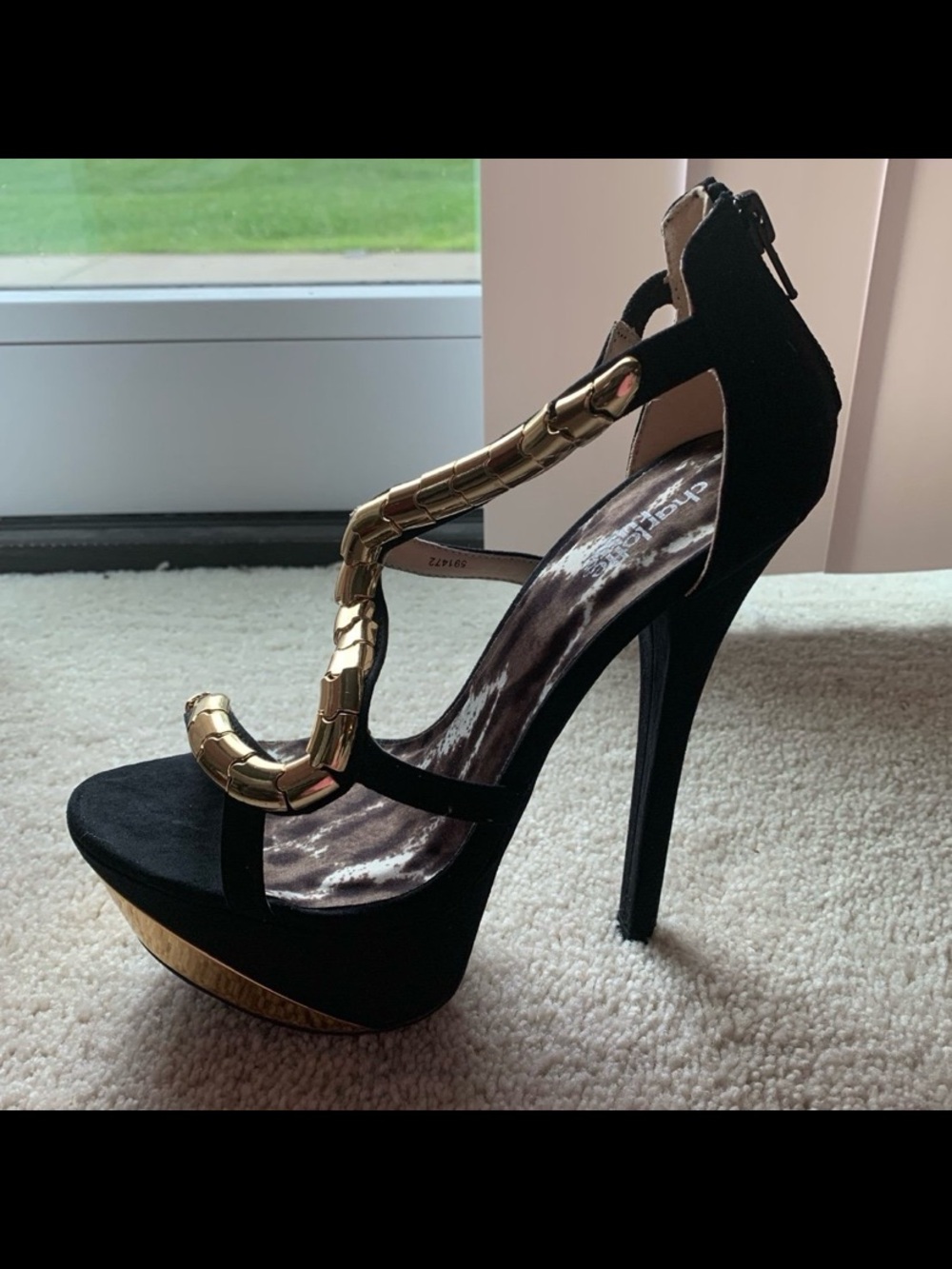Black Platform Stiletto Sandal with Gold Snake Accent -